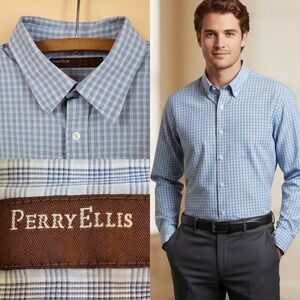 Perry‎ Ellis Dress Shirt White and light Blue Checkered pattern, XL, 100% Cotton